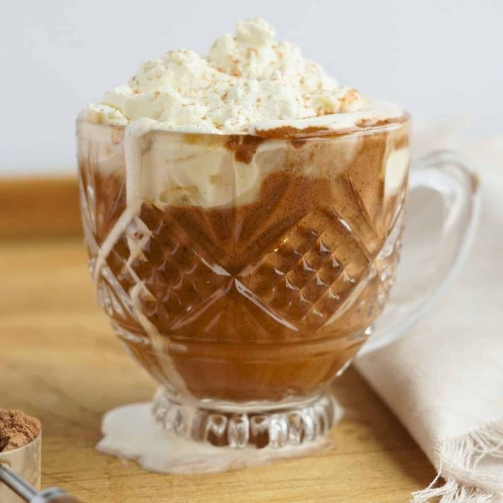 close up of bone broth hot chocolate in glass mug