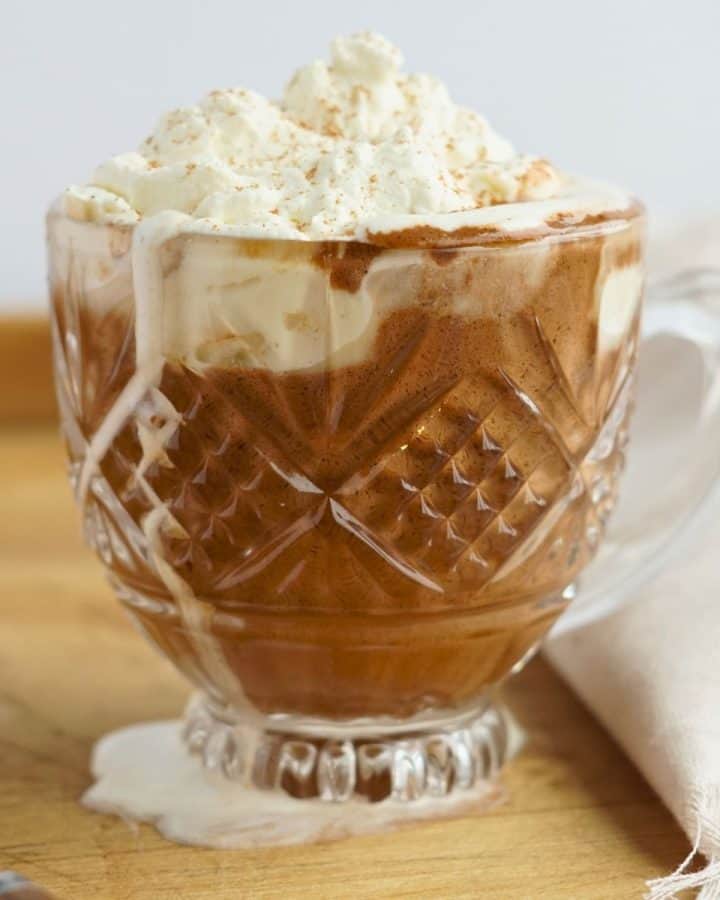 close up of bone broth hot chocolate in glass mug