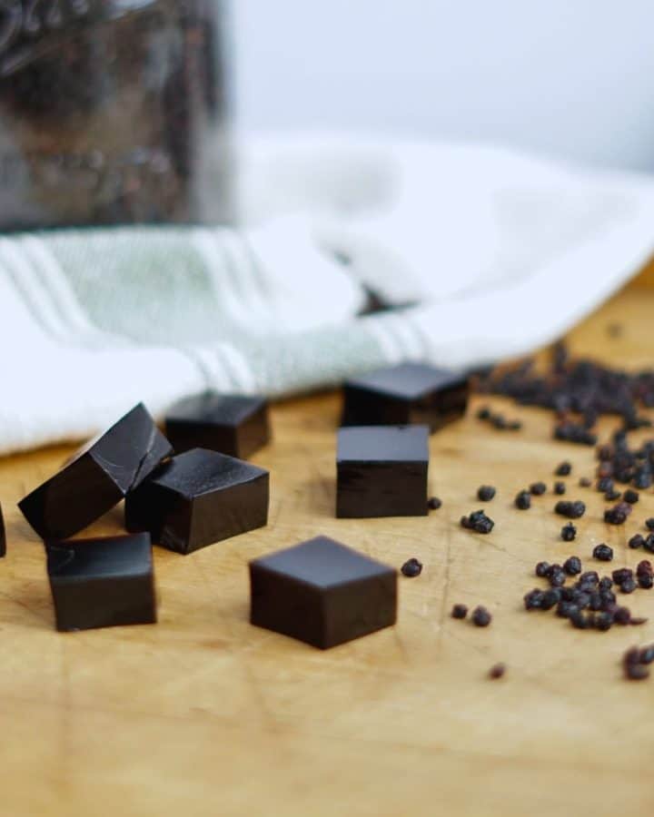 elderberry gummies cut out on cutting board