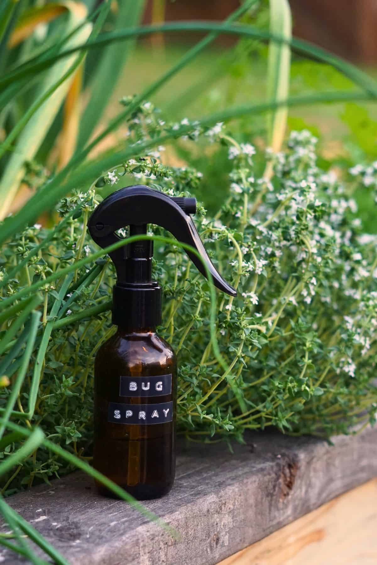 glass bottle of bug spray on wooden ledge next to garden