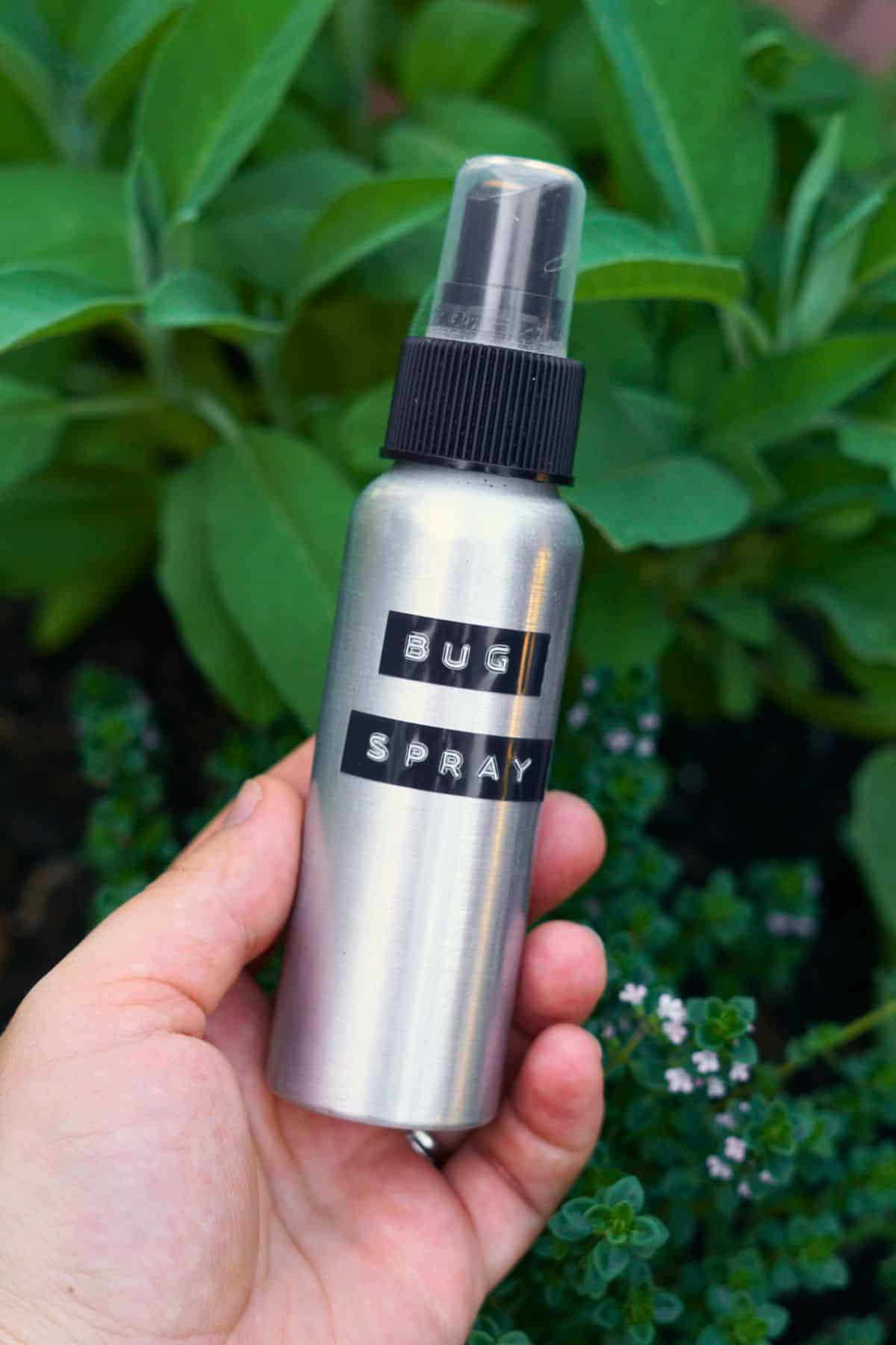 hand holding aluminum bug spray bottle with plants in the background