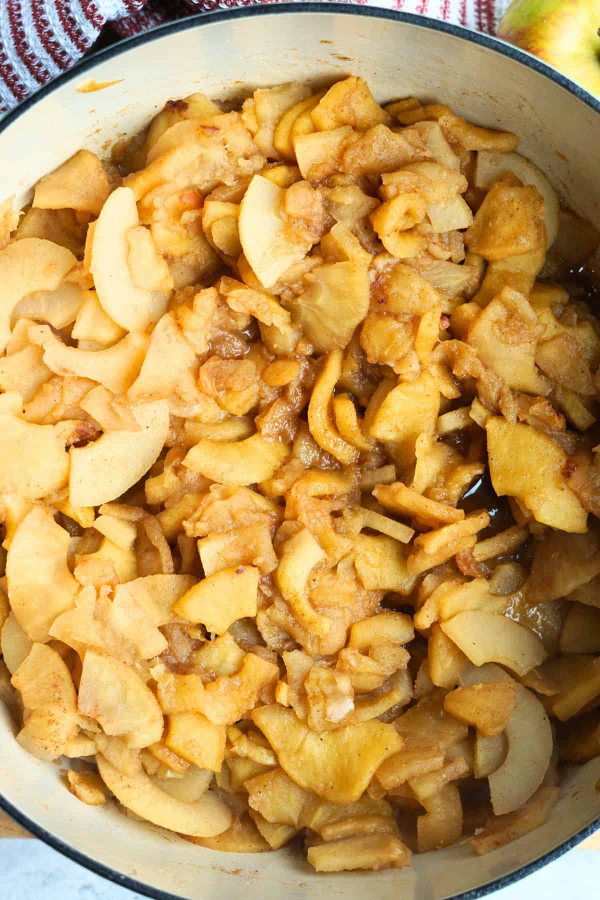 cooked apples and pears in a large pot
